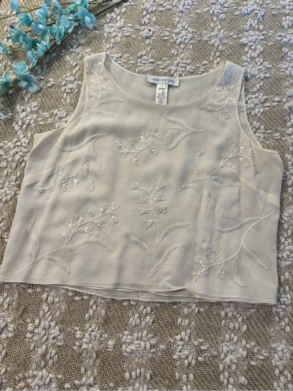 Jones New York Sleeveless Silk Top, Embroidered, Ivory Size 14